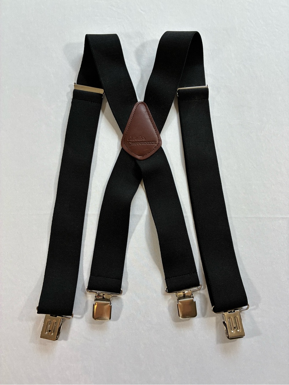 Cabela’s Roughneck Black Suspenders Leather Patch Heavy Duty Metal Clips
